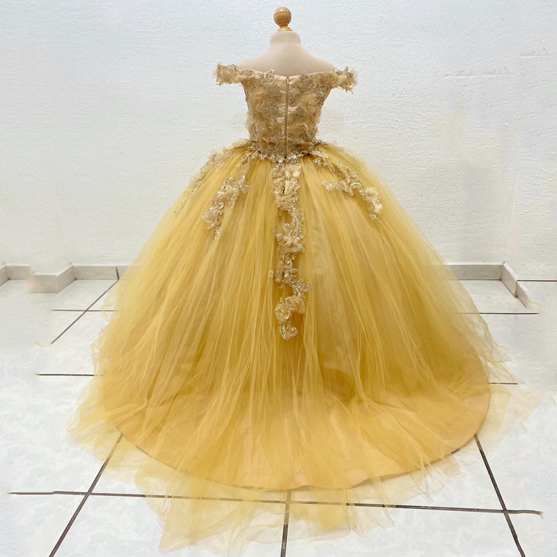Yellow Vestido De 15 Anos Princess 3DFlower Girls Dress Applique Lace Tull Off Shoulder Mexican Child Dress Bead First Communion