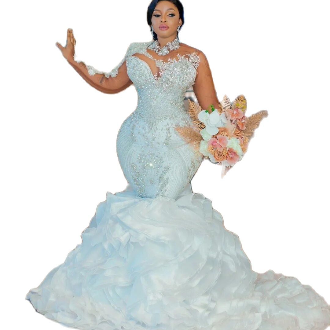 Arabic White Mermaid Wedding Dress Beaded Crystals Lace Long Sleeve Bridal Gowns With Detachable Train Dresses