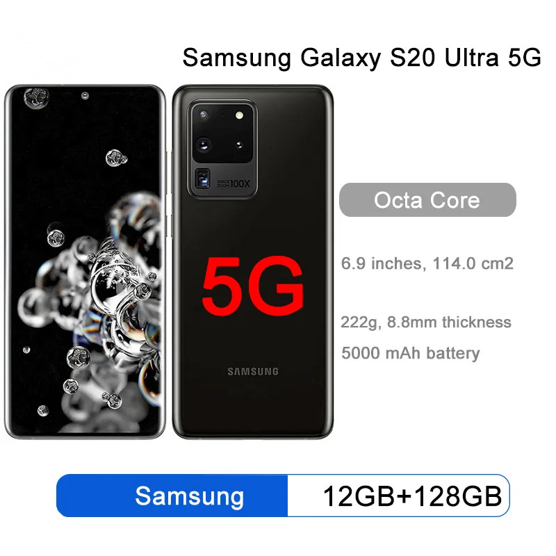 Original Samsung Galaxy S20 Ultra G988U1 5G Mobile Phone 12GB RAM 128GB ROM 6.9'' Snapdragon 865 OctaCore Quad Camera SmartPhone, Cosmic black
Original Samsung Galaxy S20 Ultra G988U1 5G Mobile Phone 12GB RAM 128GB ROM 6.9'' Snapdragon 865 OctaCore Quad Camera SmartPhone, Cosmic black