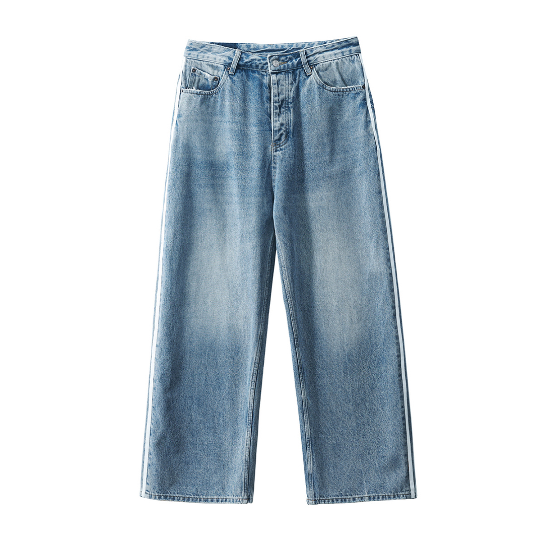 Men's Jeans Washed Jeans for Men Blue Pants Washed Straight Denim Jeans Loose Fit Striped Baggy Wide Leg Flared Jeans Men Streetwear