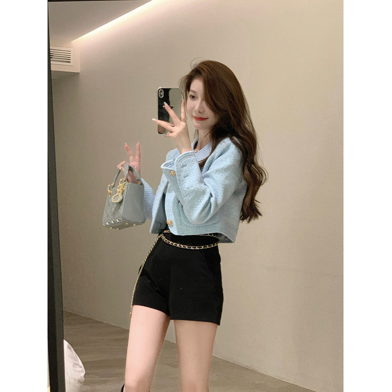 Womens autumn blue color o-neck long sleeve tweed woolen high waist short jacket coat XSSMLXL