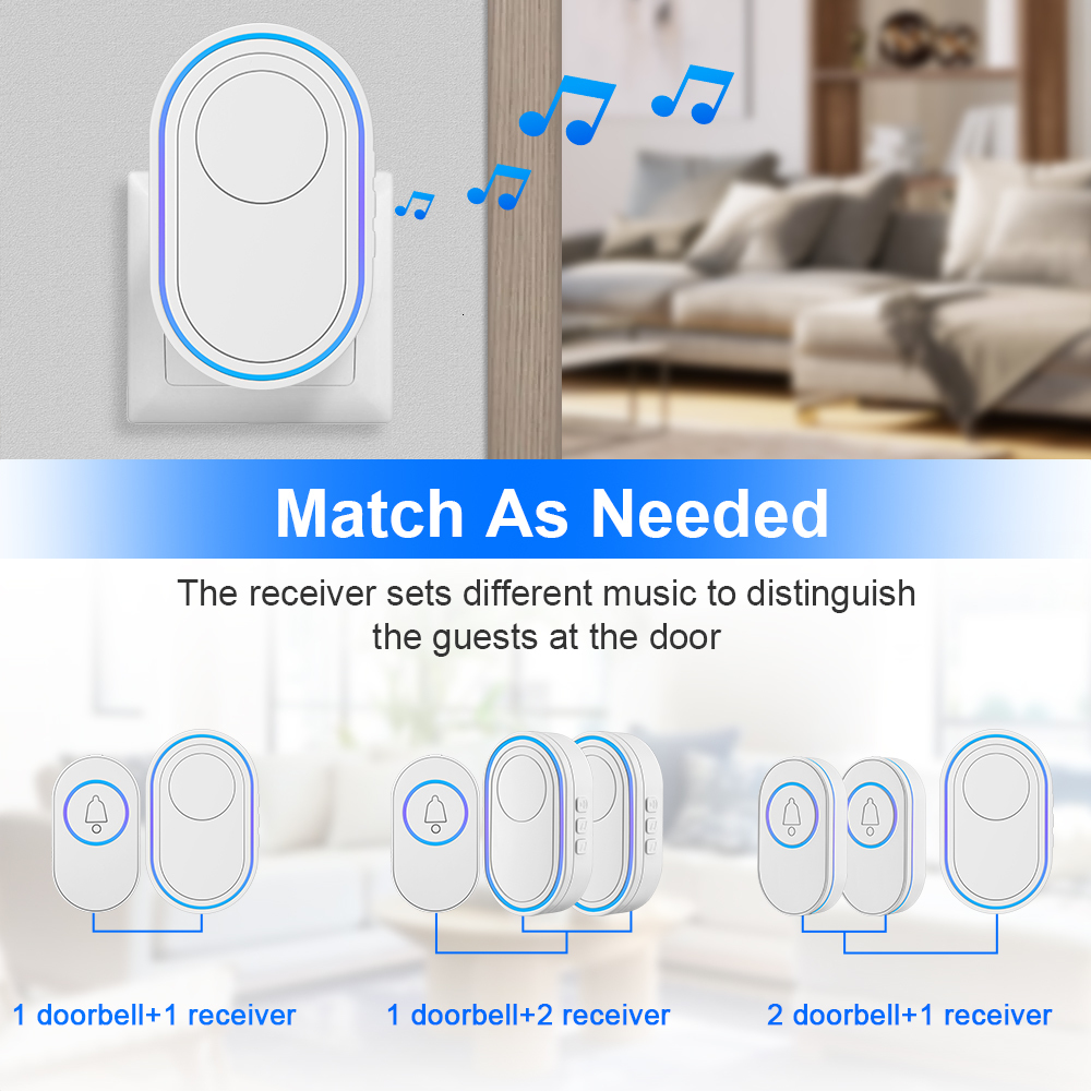 Doorbells Camluxy Wireless Doorbell 39 Music LED Flash Security Alarm Outdoor IP65 Waterproof Smart Home Intelligent Door Bell Chime Kit 230712