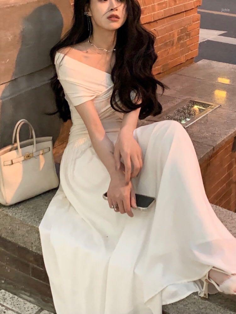 Casual Dresses Elegant Fashion Women White Black Off Shoulder Dress Spring Summer A-line Party Prom Long Vestidos Female Evening Robe