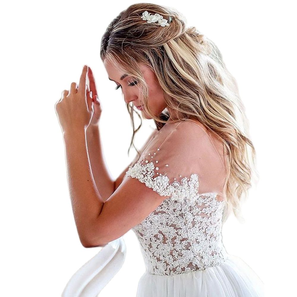 Chiffon Wedding White Dresses Scoop Neck Cap Sleeve Beaded Bridal Gown V Cut Back Boho Robe De Mariee