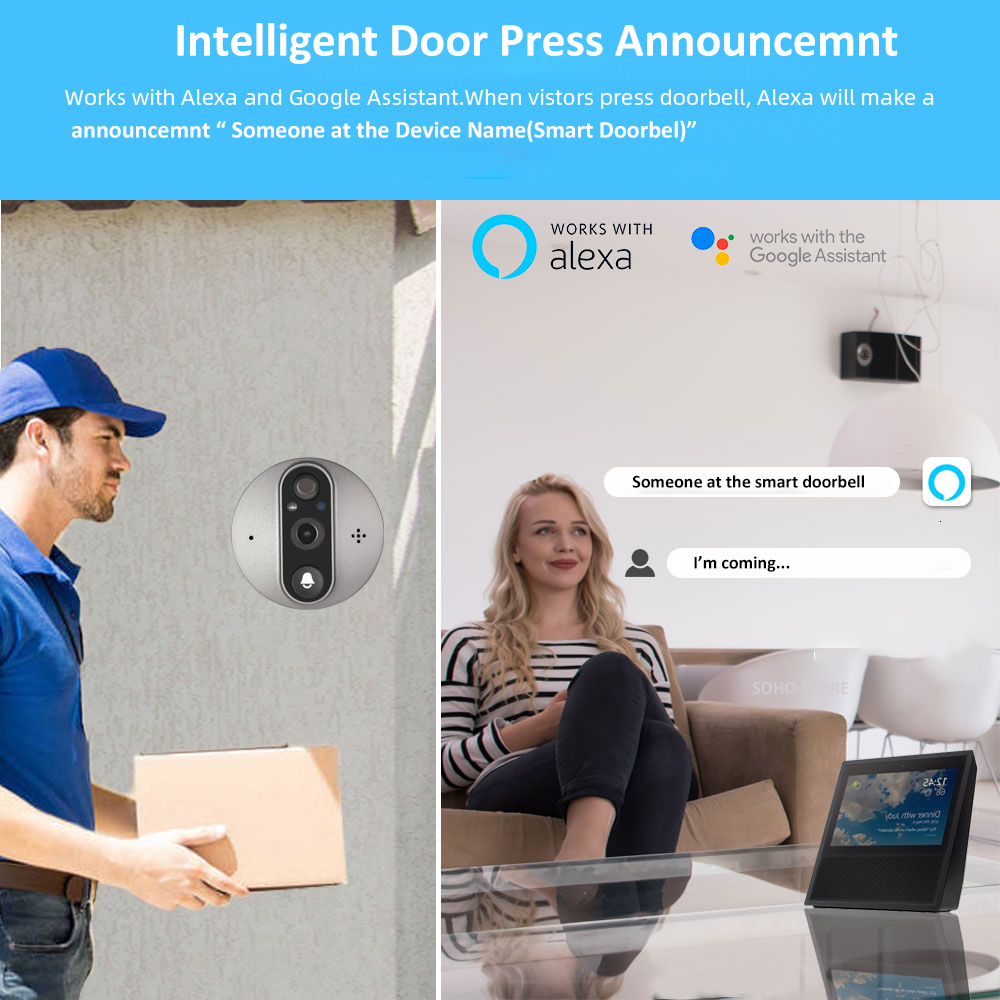 Doorbells Smart Tuya 1080P WiFi Door Bell Eye Peephole Camera 5000mAh Audio 4 3 PIR FHD Infrared Alexa Google Announcement Digital Viewer 230712