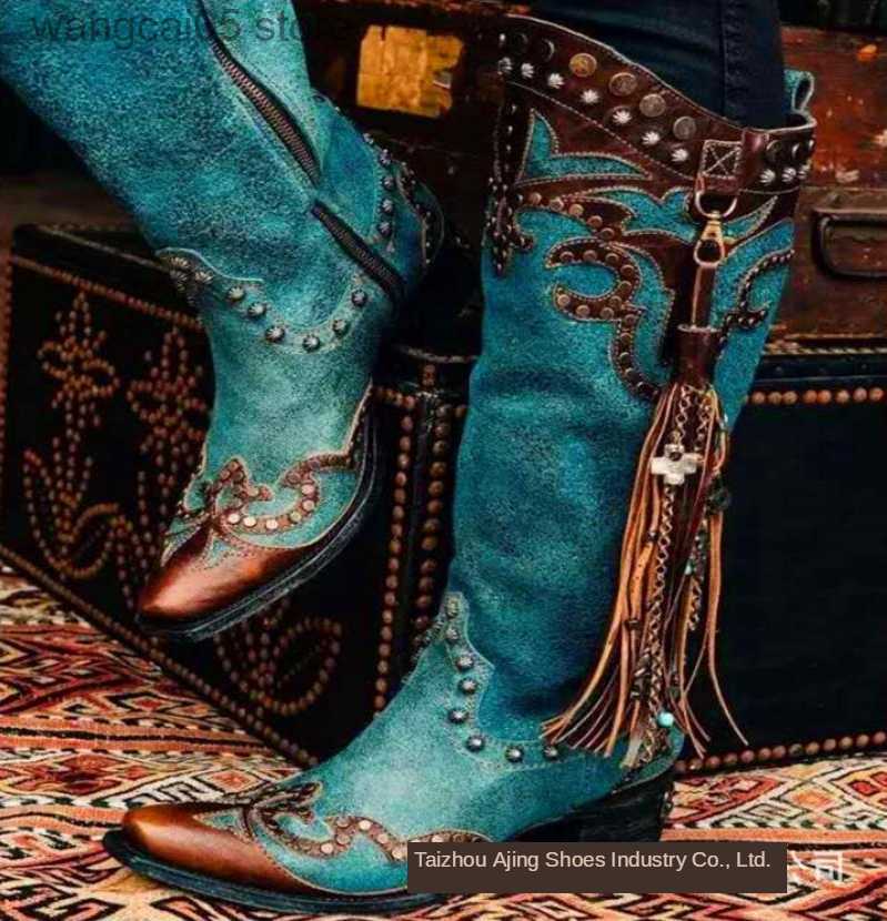Boots Vintage Riding Boots Women Tassel Punk Cowboy Boots 2020 Autumn Female Fashion Tall Boots Thick Heel T230713