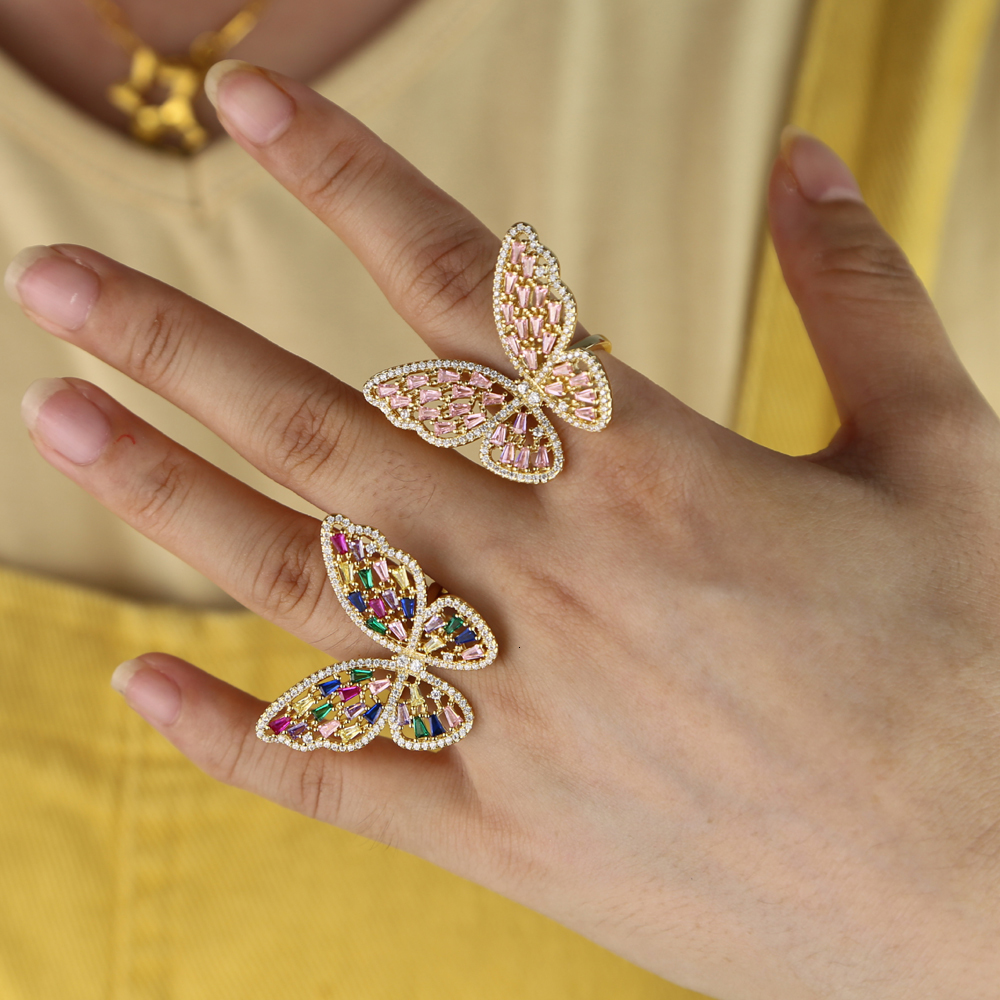 Wedding Rings rainbow colorful cz paved cute animal butterfly finger ring pastel color Open adjustable women Knuckle midi resizable jewelry 230713