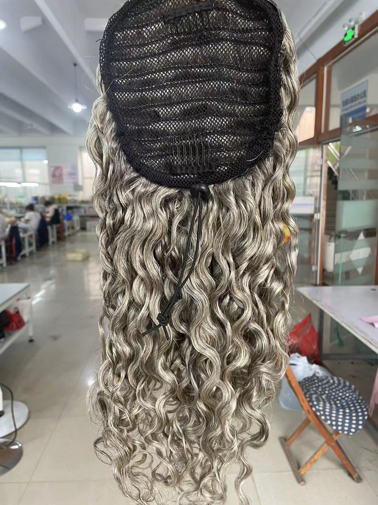 Raw Grey burmese kinky curly gray blonde drawstring human hair ponytail extension puff bun updo chignon women pony tail hairpiece 120g clip ins