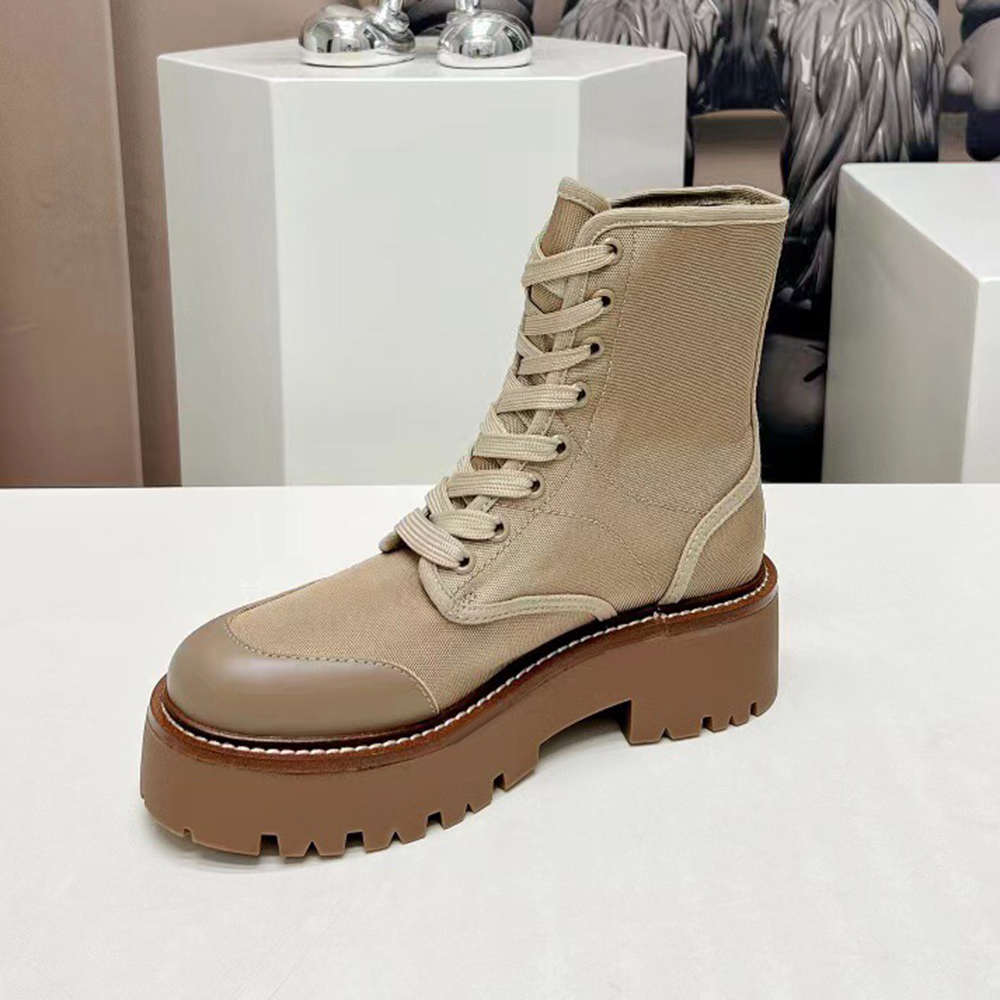 Leather Nylon Ankle Combat Boots platform lace-up round Toe block heels Flat booties chunky luxury designer for women factory footwear With box, Black