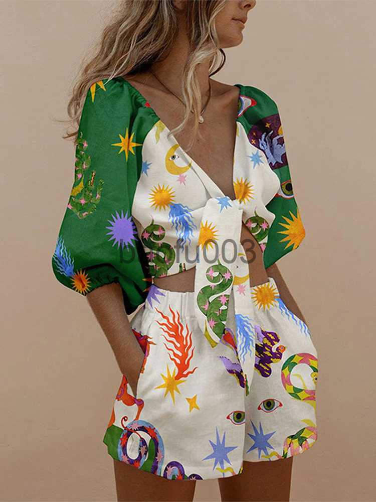 Women's Two Piece Pants Summer Women Cotton Linen Print Shorts Top Suit Female Casual V-Neck Half Sleeve Shirt Lady Elastic Waist Short Pant Set 