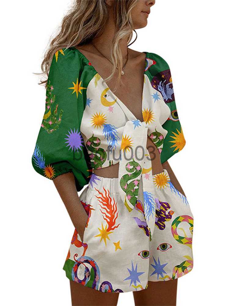 Women's Two Piece Pants Summer Women Cotton Linen Print Shorts Top Suit Female Casual V-Neck Half Sleeve Shirt Lady Elastic Waist Short Pant Set 