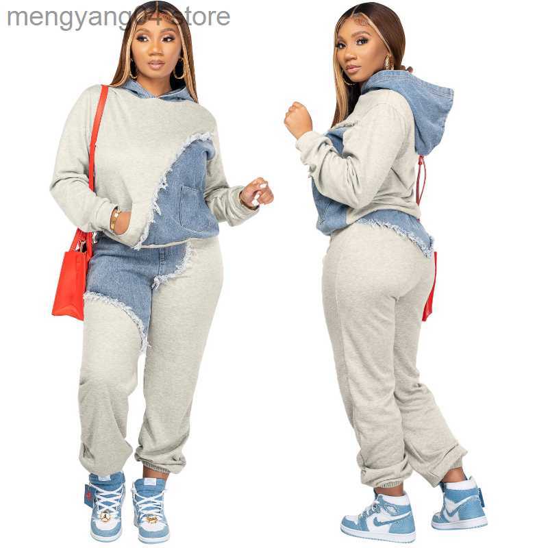 Women's Two Piece Pants Tassel Jeans Patchwork Two Piece Set Women Long Sleeve Pullover Hoodies Top Sweat Pants Fashion Jogging Suits Casual Trac