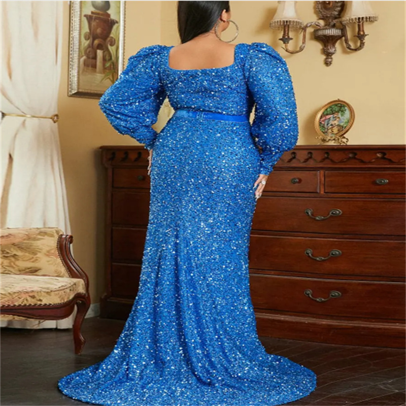Plus Size Blue Sequin Evening Dress 2023 South African Mermaid Long Sleeve Prom Dress For Black Girls Sparkle Formal Party Gown Elegant Birthday Dance
