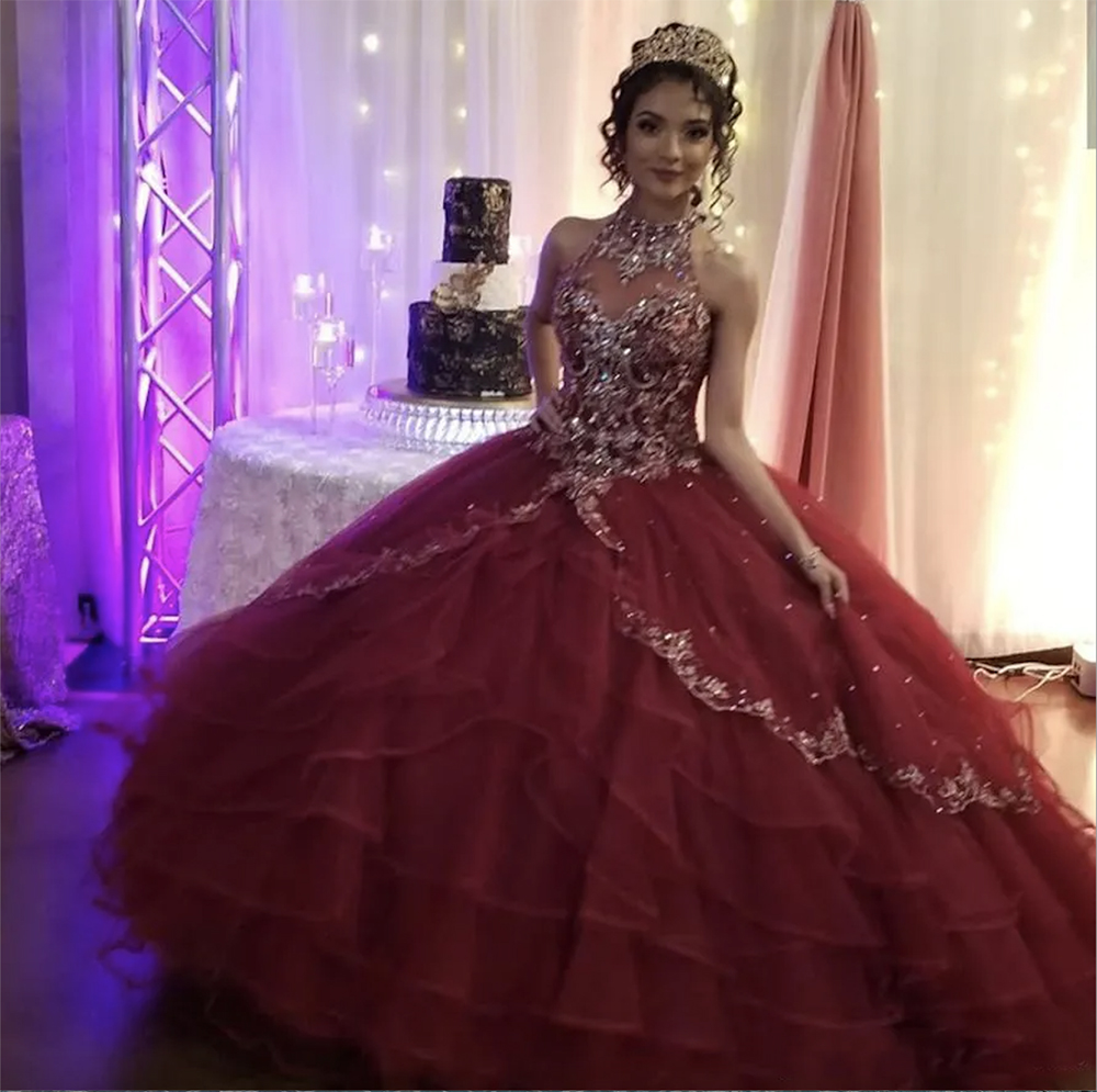 Embroidery Modern Sliver Bury Tulle Quinceanera Prom Dresses High Neck Keyhole Back Crystal Beaded Ruffles Sweet 16 Dress Vastidos De