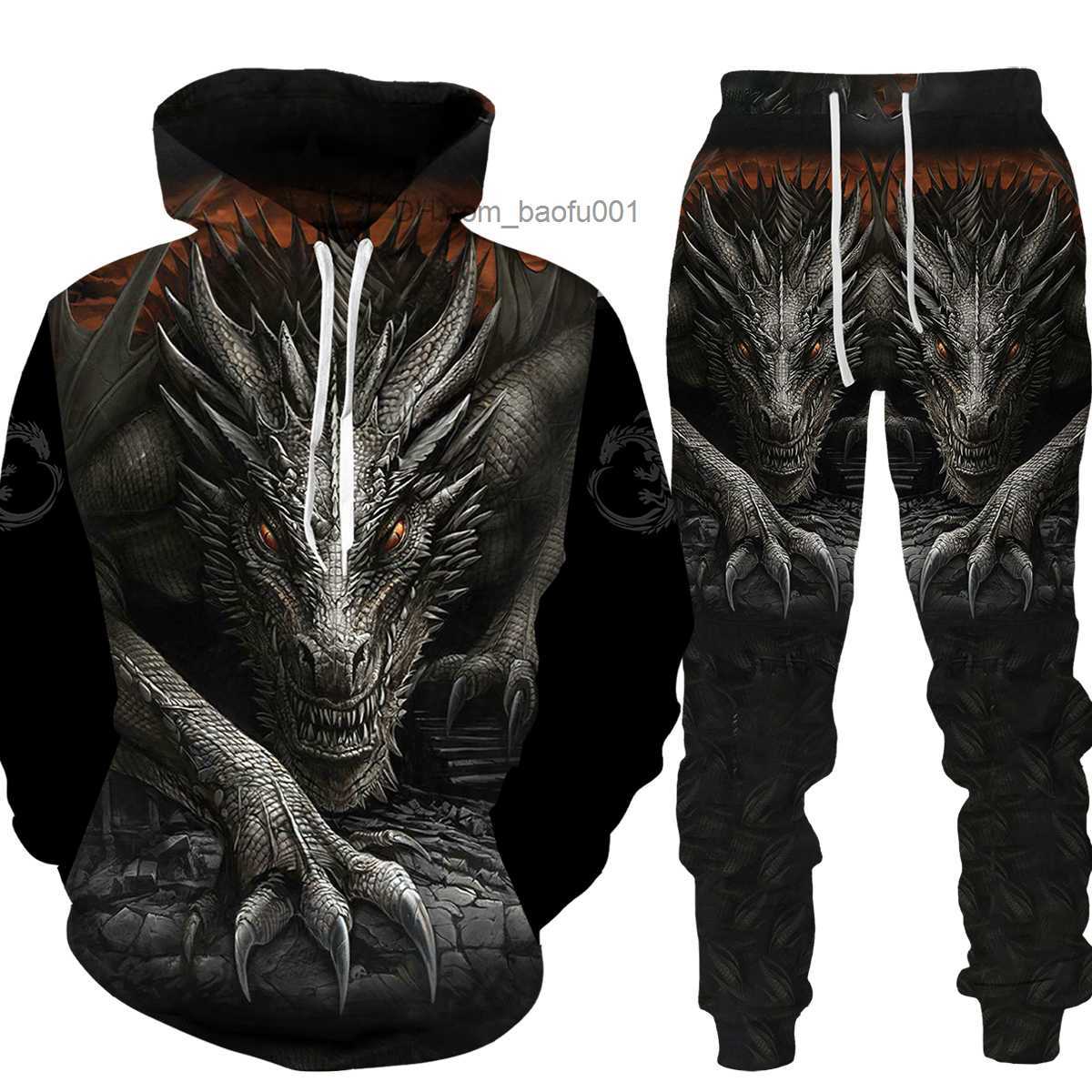 Men's Tracksuits Autumn winter cool dragon Sweatshirt 3D printing sweatpants and Hoodie suit men's Sportswear oversized men's clot