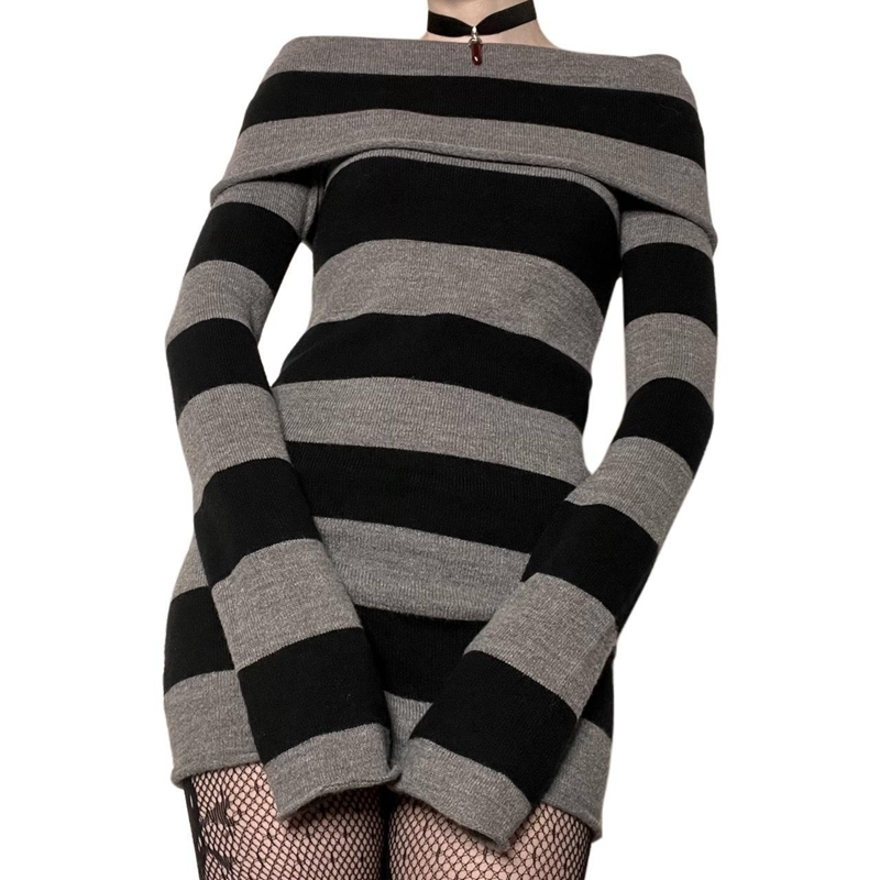 Urban Sexy Dresses Y2K Striped Sweater Mini Dress Mall Goth Grunge Emo Bodycon Chic Women Off Shoulder Full Sleeve Slim Fit Dresses 00s Vintage 230713