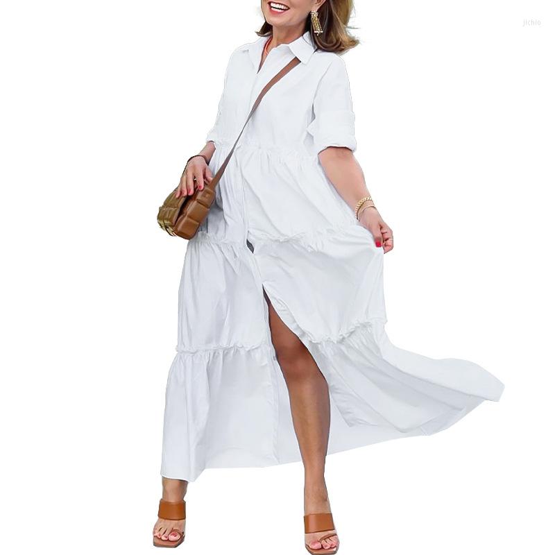 Casual Dresses LFRVZ 2024 High-end Solid Chiffon Office Lady Women Of Quality Full Sleeve Nature Shirt Open Stitch Loose Long Dress