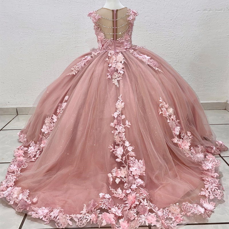 Luxury Pink Flower Girls Dress Beads Tassels Appliques Beading 3DFlower Ball Gown Exquisite First Communion For Birthday Corset