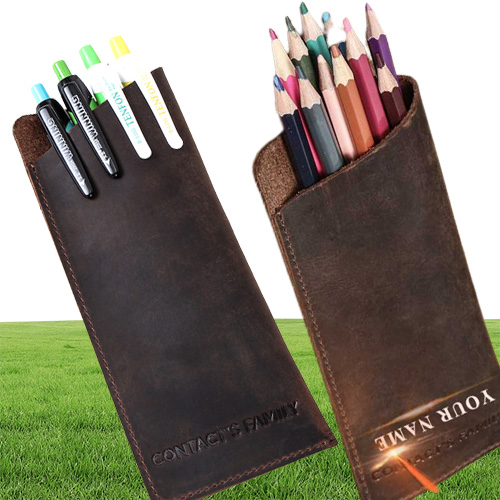 Luxury Genuine Leather Pen Holder Vintage Fountain Ballpoint Pen Bag Portable Double Case Cute Pencil Pouch Office Bag Gift8591293