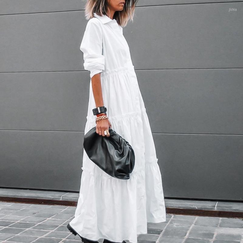 Casual Dresses LFRVZ 2024 High-end Solid Chiffon Office Lady Women Of Quality Full Sleeve Nature Shirt Open Stitch Loose Long Dress