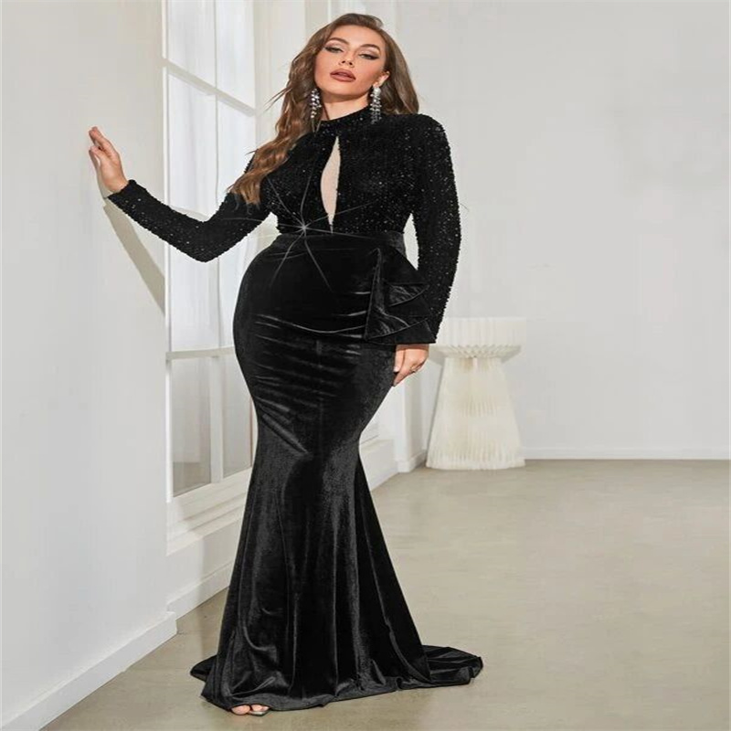 Elegant Sequin Black Evening Dress 2023 Long Sleeve High Neck Plus Size Velvet Prom Dress Chic Formal Occasion Party Arabic Gown Dubai Abaya Evening G