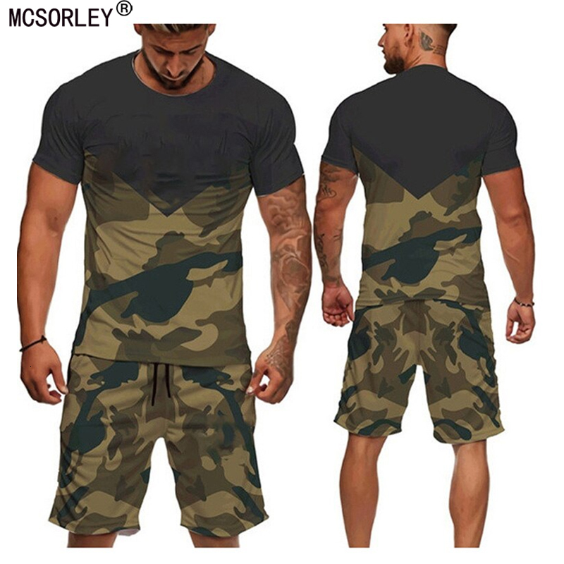 Mens Tracksuits Mens Casual 2pcs Set Camouflage Army Green Short Sleeve Tshirt masculina Loose Tactical Tees Shorts Pants Tracksuit Set S6XL 230713