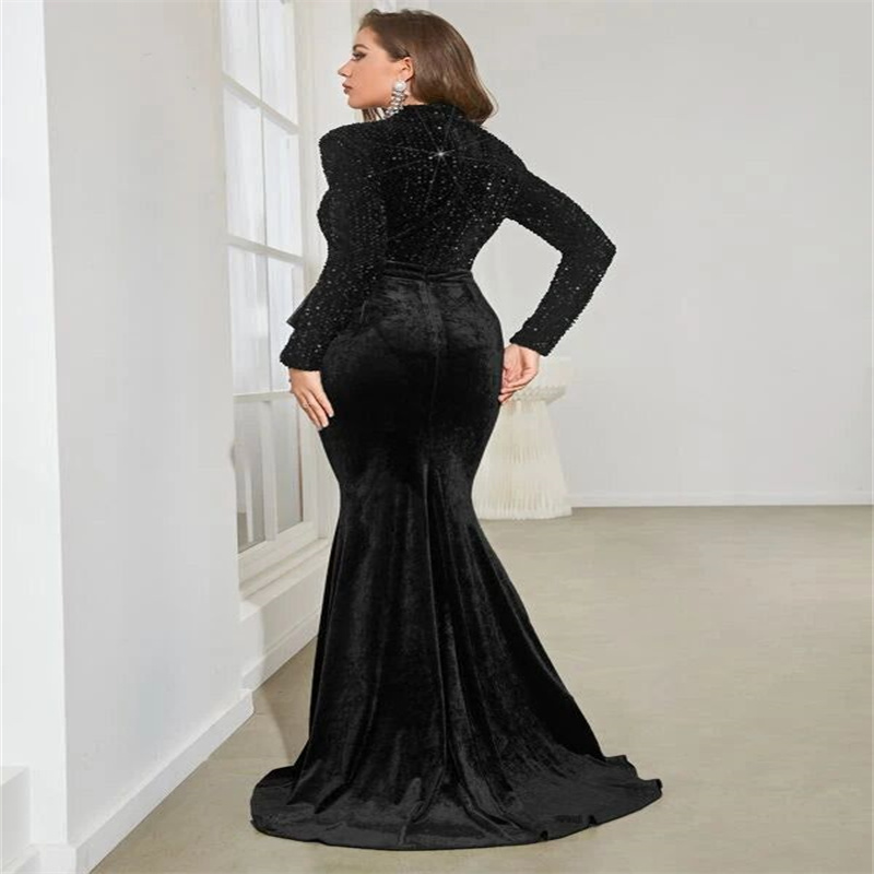 Elegant Sequin Black Evening Dress 2023 Long Sleeve High Neck Plus Size Velvet Prom Dress Chic Formal Occasion Party Arabic Gown Dubai Abaya Evening G