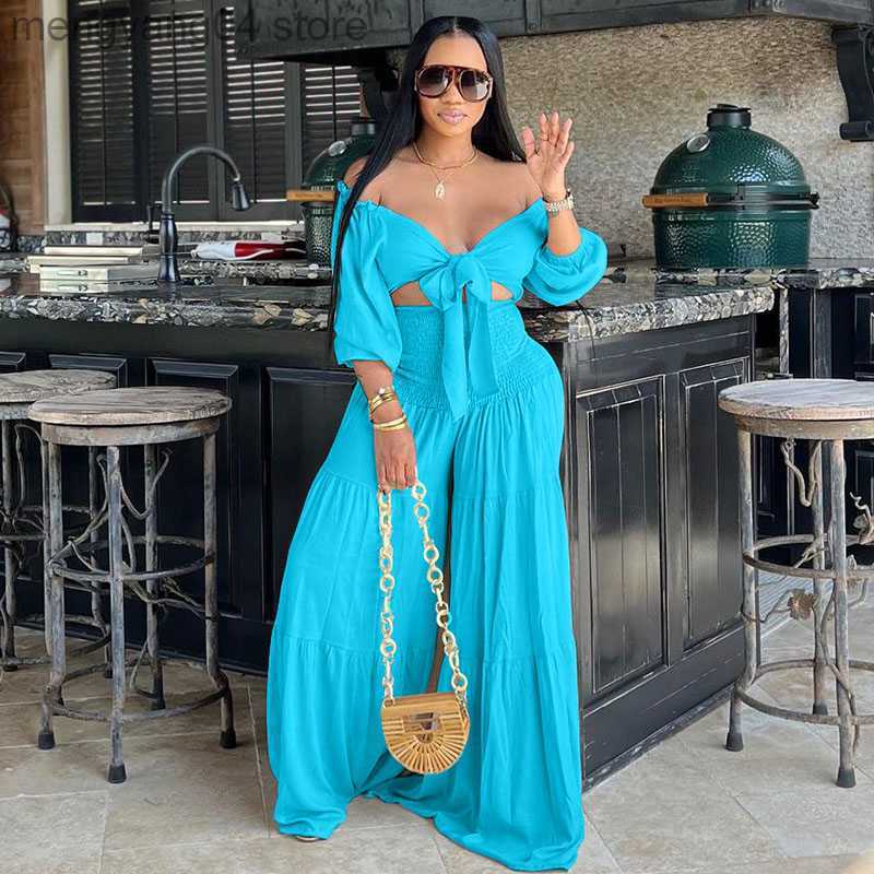 Women's Two Piece Pants Casual Loose Summer Outfits for Women 2 Piece Set Slash Neck Bow Tie Crop Top and Wide Leg Pants Suit Vacation Matching S