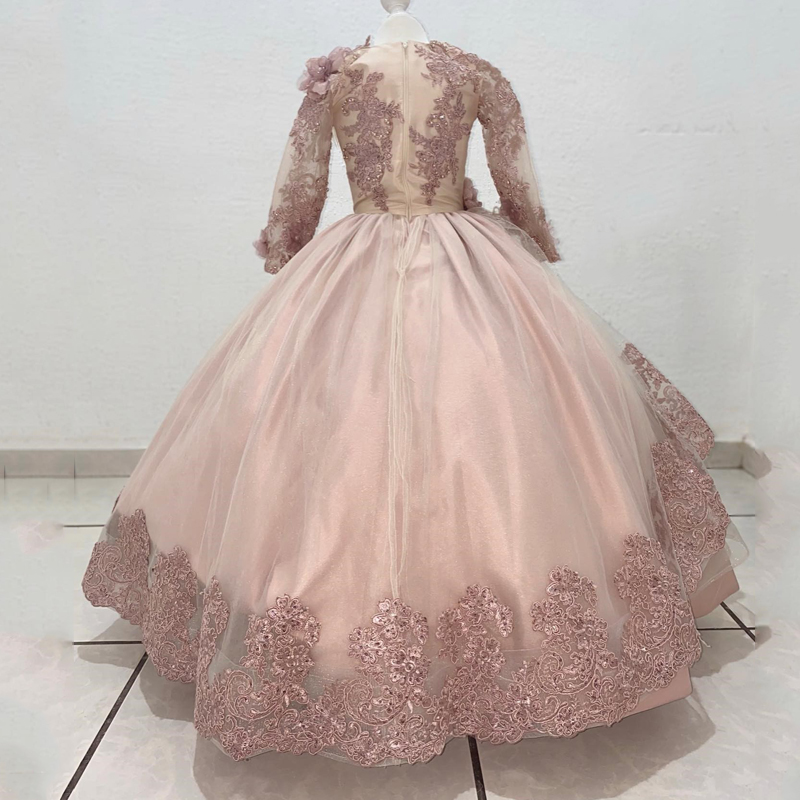 O-Neck Flower Girls Dress Princess Ball Gown For Birthday Applique 3DFlower Pearl Long Sleeved Gown Corset vestidos para ninas