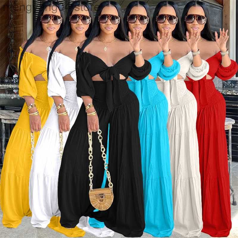 Women's Two Piece Pants Casual Loose Summer Outfits for Women 2 Piece Set Slash Neck Bow Tie Crop Top and Wide Leg Pants Suit Vacation Matching S