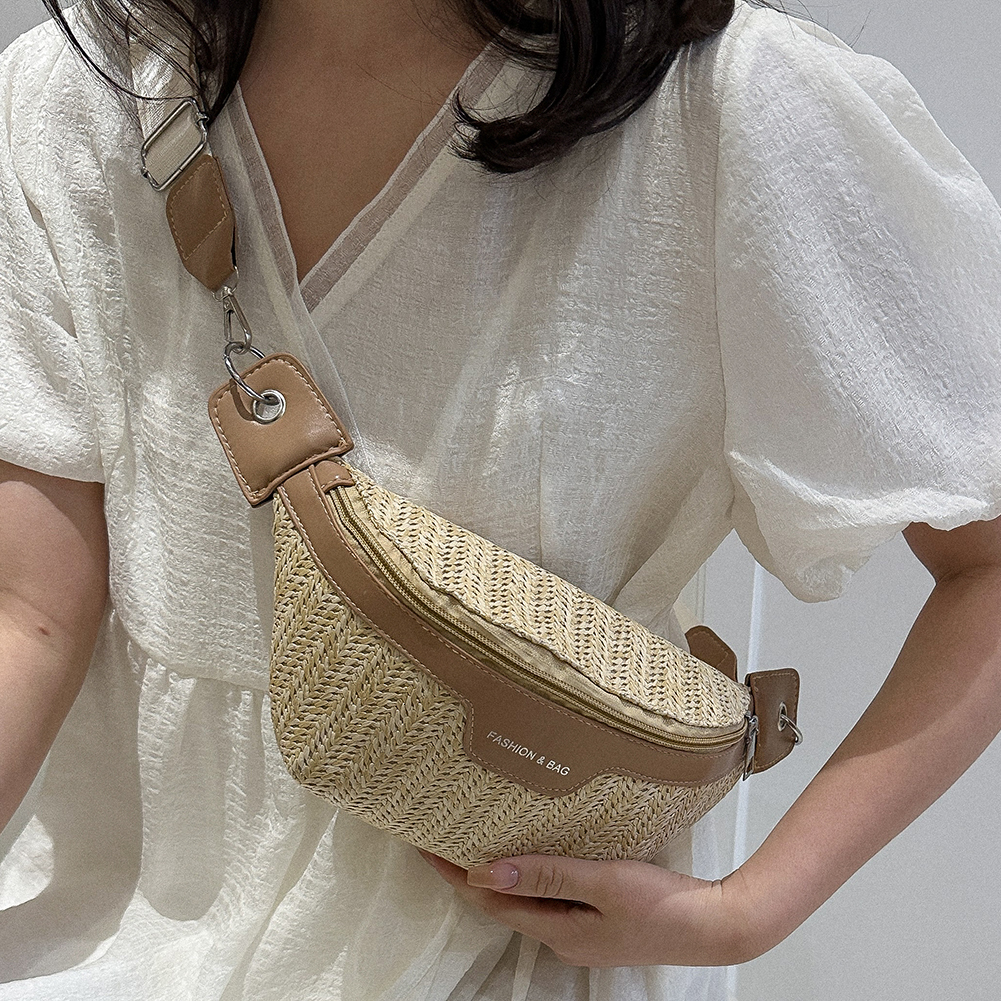Straw Woven Waist Bag for Women - Beach Travel Phone Purse Sling hot Crossbody Fanny Pack, White/Khaki