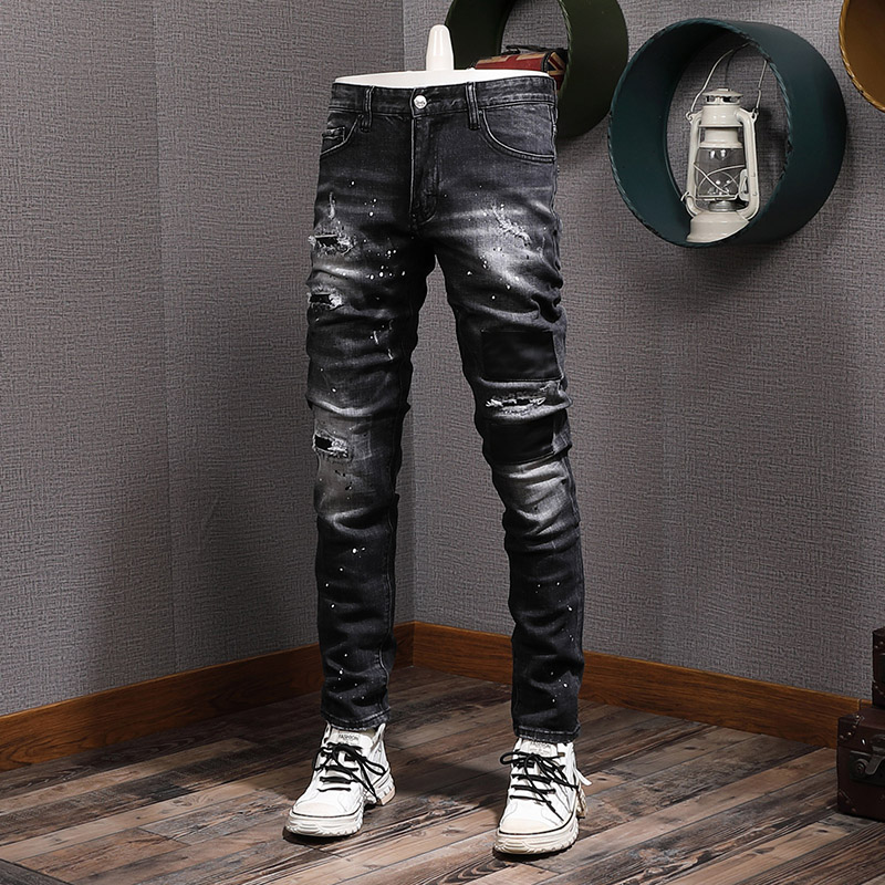 Men Cowboy Trousers US Euro Accent Damaged Jeans Skater Fit Rip Denim