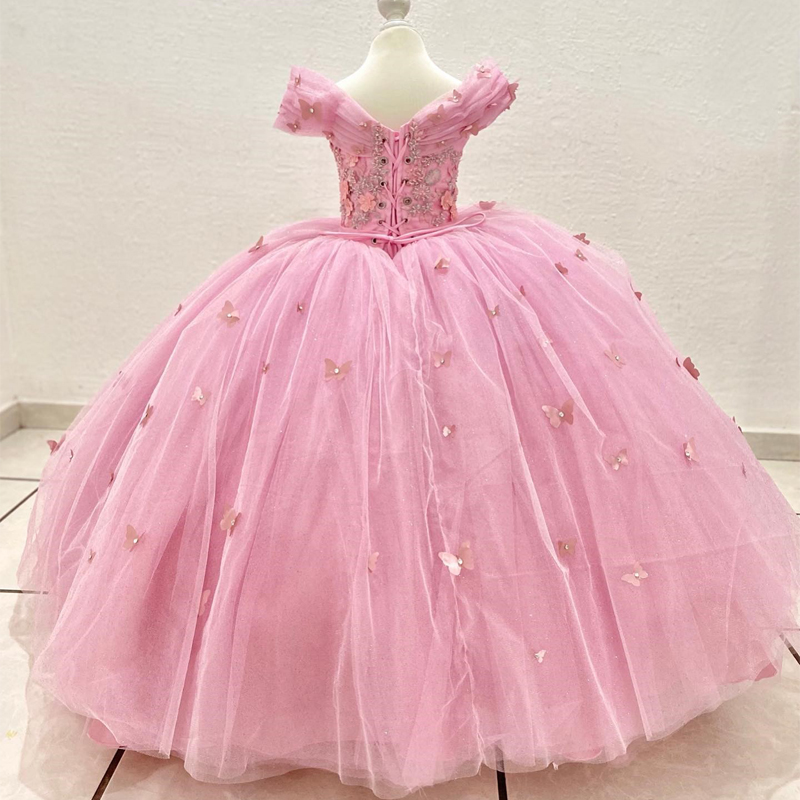 Pink Shiny Flower Girls Dress Off Shoulder Princess Ball Gown For Birthday Lace Crystals Beads Bow vestidos para ninas