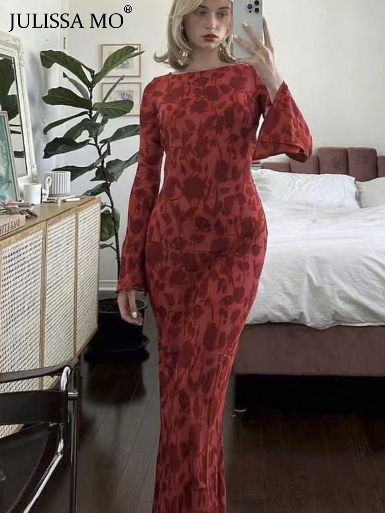 Urban Sexy Dresses JULISSA MO Ladies Elegant Chiffon Floral Print Flare Sleeve Maxi Dress For Women's Summer Slim Beach Holiday Party Dress Vesti