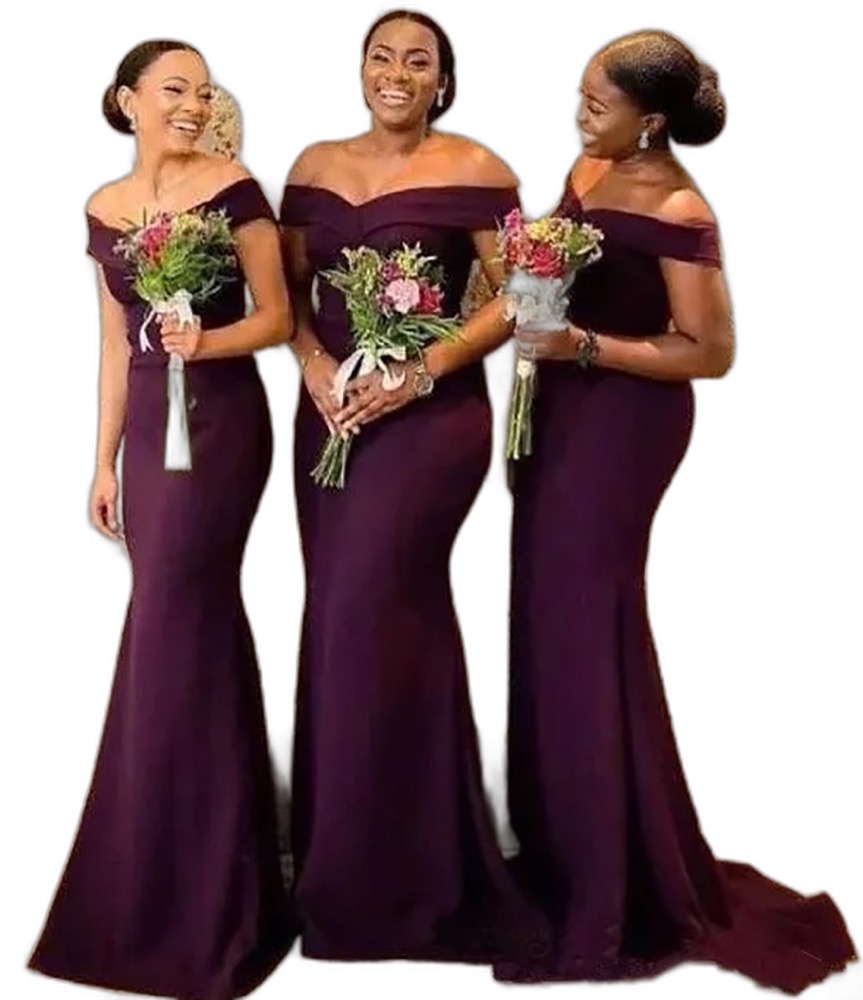 Bridesmaid Dresses Off The Shoulder Satin Long Dresses Ruched Sweep Train Wedding Guest Maid Of Honor Dress