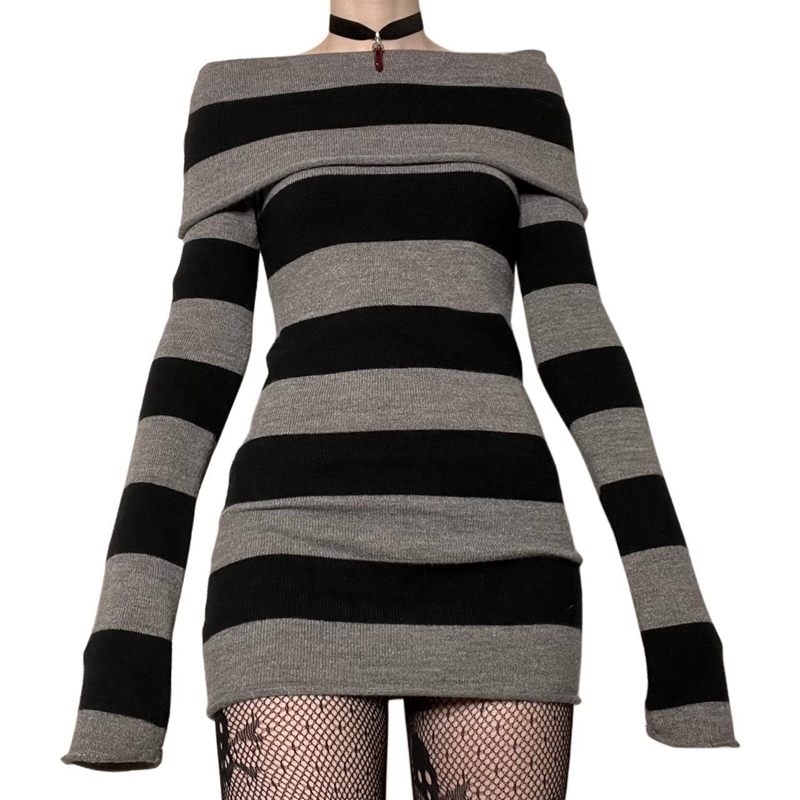 Urban Sexy Dresses Y2K Striped Sweater Mini Dress Mall Goth Grunge Emo Bodycon Chic Women Off Shoulder Full Sleeve Slim Fit Dresses 00s Vintage 230713