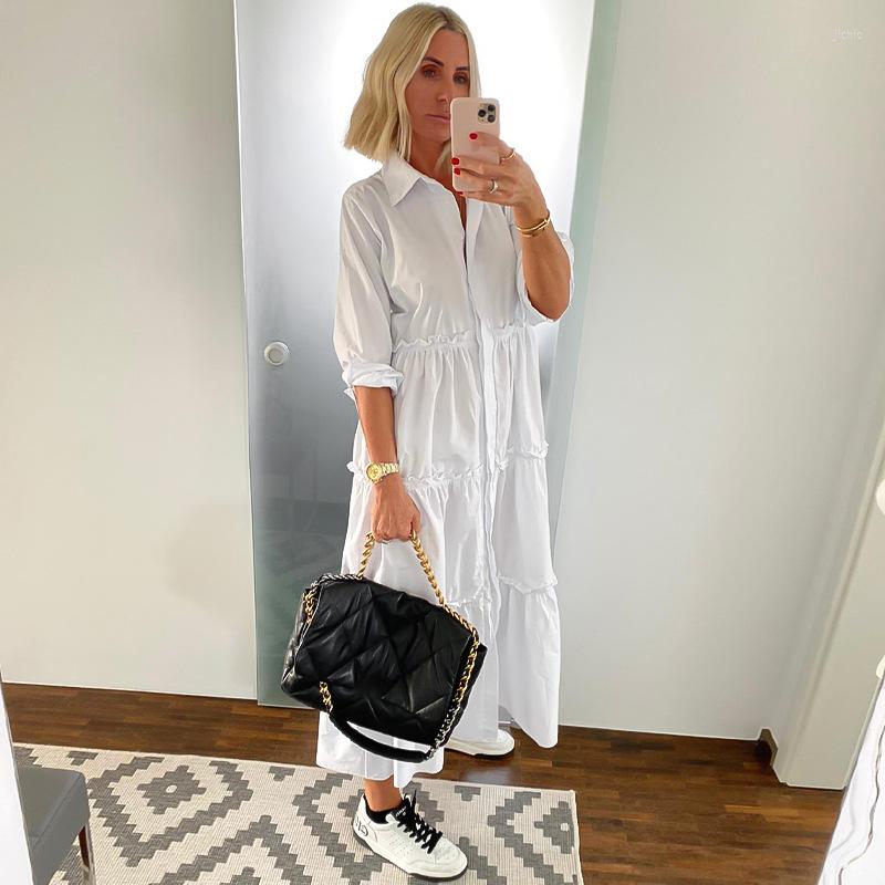 Casual Dresses LFRVZ 2024 High-end Solid Chiffon Office Lady Women Of Quality Full Sleeve Nature Shirt Open Stitch Loose Long Dress
