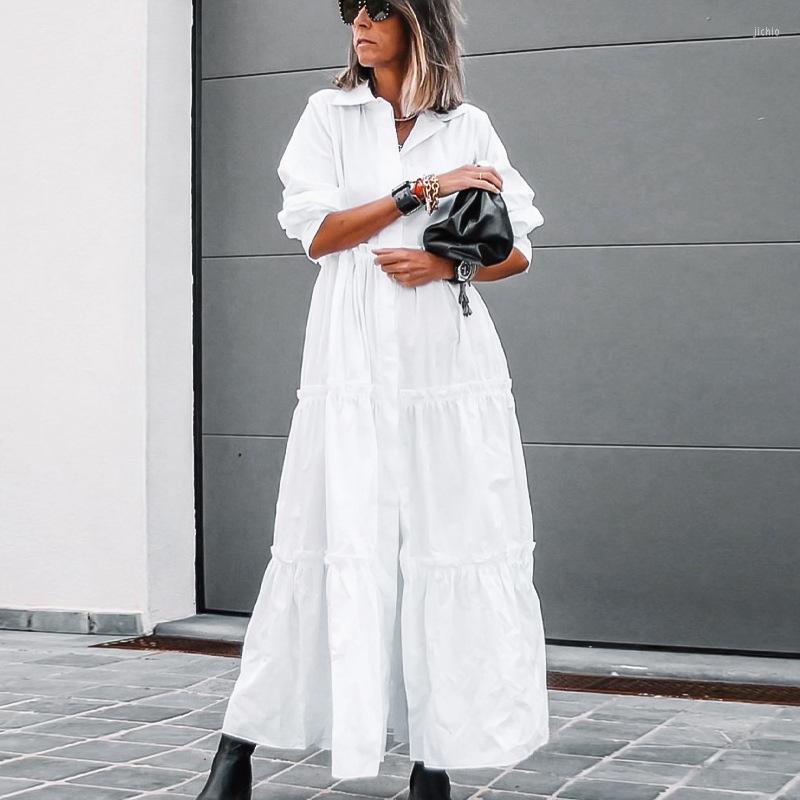 Casual Dresses LFRVZ 2024 High-end Solid Chiffon Office Lady Women Of Quality Full Sleeve Nature Shirt Open Stitch Loose Long Dress