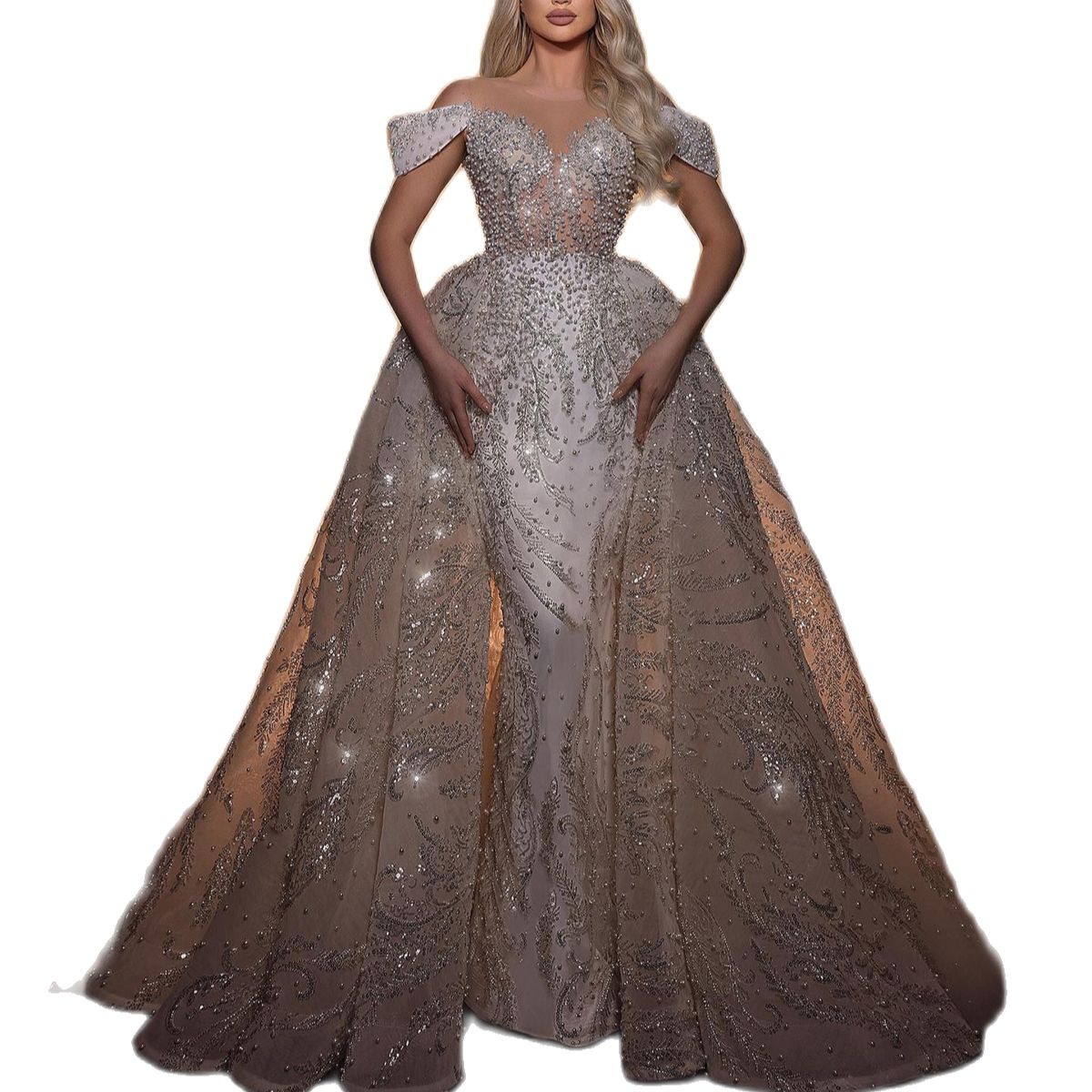 Elegant Beads Mermaid Wedding Dresses With Detachable Train Off The Shoulder Sequined Pearls Bridal Gowns