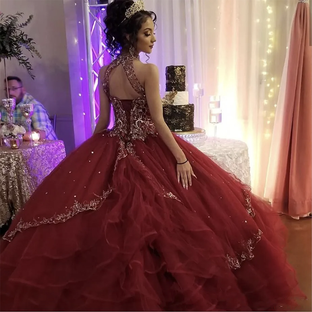 Embroidery Modern Sliver Bury Tulle Quinceanera Prom Dresses High Neck Keyhole Back Crystal Beaded Ruffles Sweet 16 Dress Vastidos De