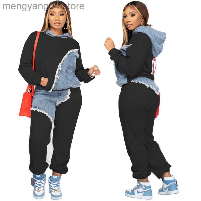 Women's Two Piece Pants Tassel Jeans Patchwork Two Piece Set Women Long Sleeve Pullover Hoodies Top Sweat Pants Fashion Jogging Suits Casual Trac