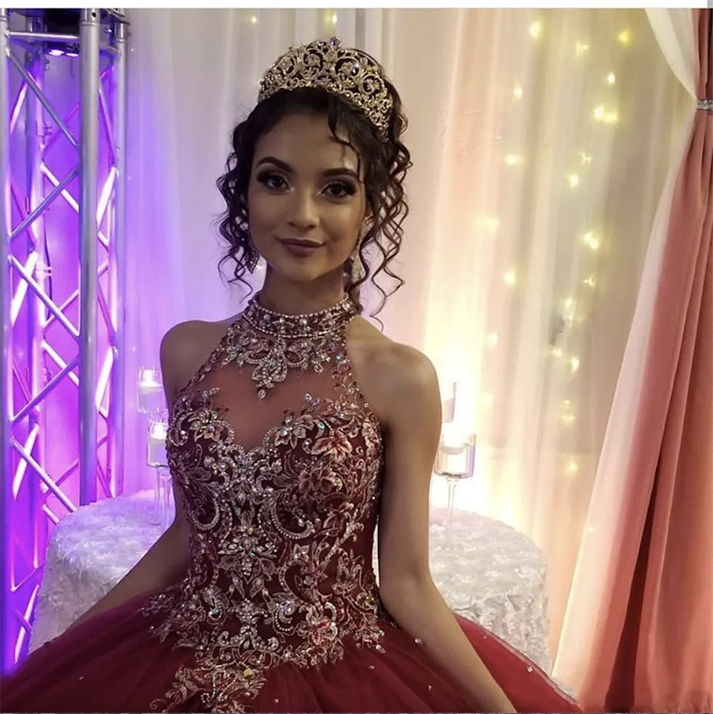 Embroidery Modern Sliver Bury Tulle Quinceanera Prom Dresses High Neck Keyhole Back Crystal Beaded Ruffles Sweet 16 Dress Vastidos De