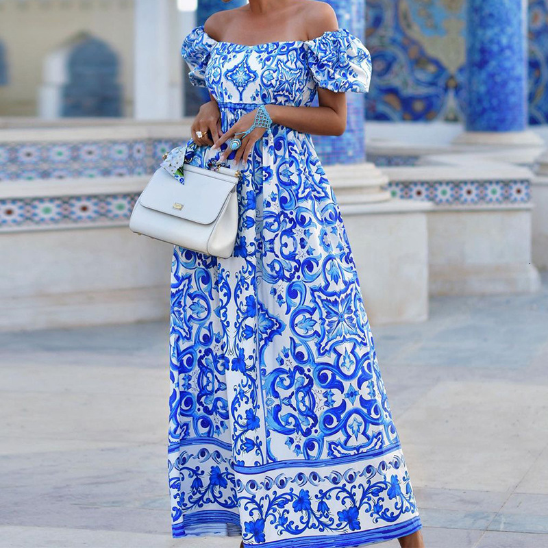 Basic Casual Dresses FD1247 Spring New Womens Fashion One Line Collar Bohemian Print Dress 210524
