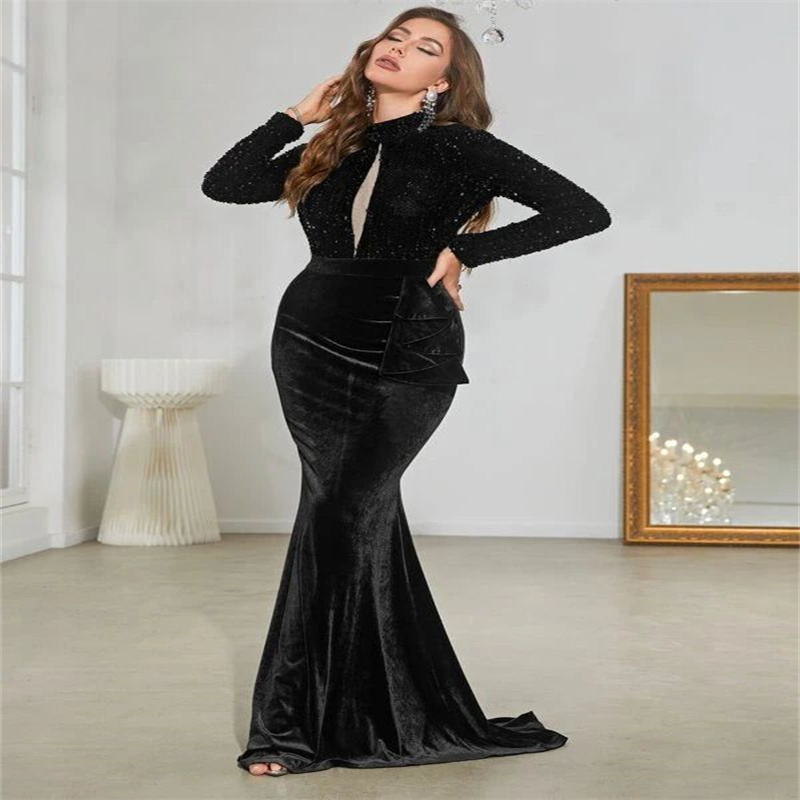 Elegant Sequin Black Evening Dress 2023 Long Sleeve High Neck Plus Size Velvet Prom Dress Chic Formal Occasion Party Arabic Gown Dubai Abaya Evening G