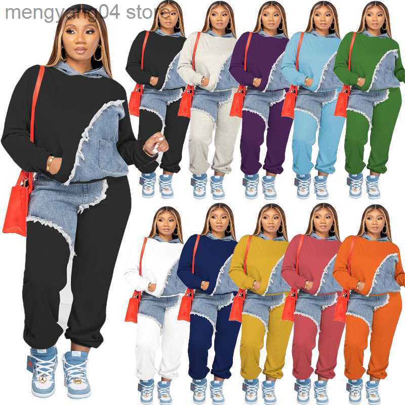 Women's Two Piece Pants Tassel Jeans Patchwork Two Piece Set Women Long Sleeve Pullover Hoodies Top Sweat Pants Fashion Jogging Suits Casual Trac