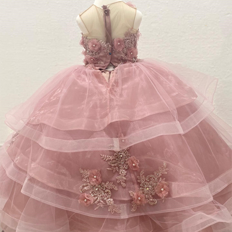 Pink O-Neck Flower Girls Dress Sleevelessprincess Ball Gown Applique Crystals Beads 3Dflower Tull Vestidos Para Ninas