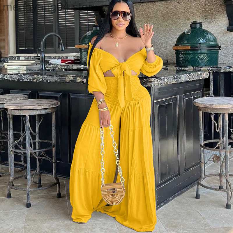 Women's Two Piece Pants Casual Loose Summer Outfits for Women 2 Piece Set Slash Neck Bow Tie Crop Top and Wide Leg Pants Suit Vacation Matching S