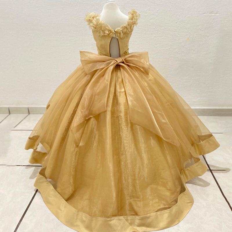 Luxury Gold Flower Girls Dress Off the Shoulder Appliques Pearls 3DFlower Ball Gowns Cute Child Dress vestidos para ninas