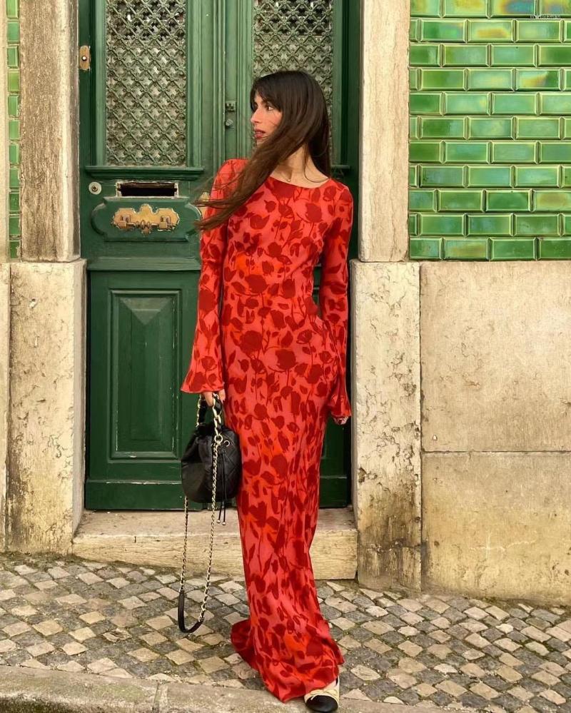 Casual Dresses Women Floral Printed O-Neck Silk Long Sleeve Fashion Maxi Dress
