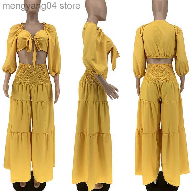 Women's Two Piece Pants Casual Loose Summer Outfits for Women 2 Piece Set Slash Neck Bow Tie Crop Top and Wide Leg Pants Suit Vacation Matching S